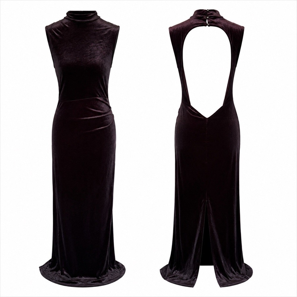 Capuffy Women Backless Velvet Maxi Dress Sexy Split Ruched Bodycon Formal Sz S